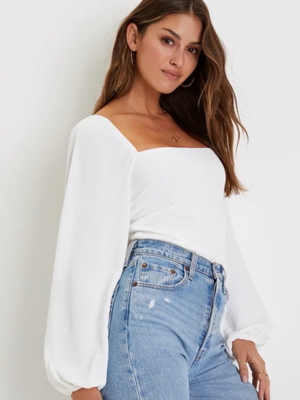Lulu's White Textured Long Sleeve Tie-Back Bodysuit
